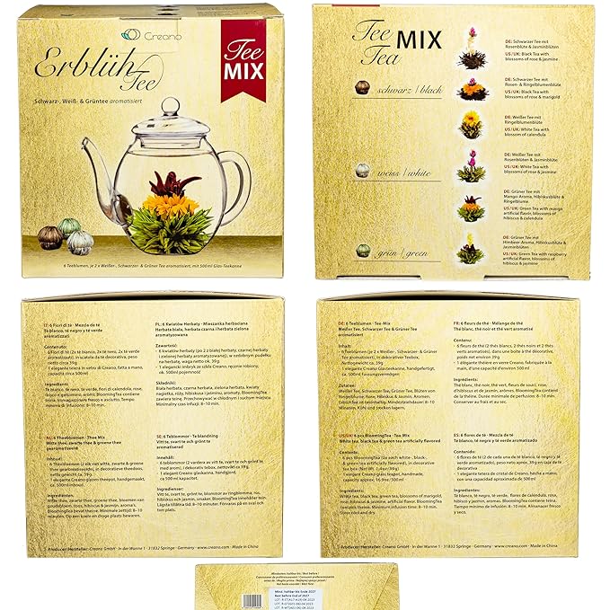 Creano Tea Flowers Mix Golden Gift Set Blooming Tea with Glass Teapot White, Green & Black Tea in 6 Varieties Tea Flower Blooming Tea Gift for Women - Bloomnest