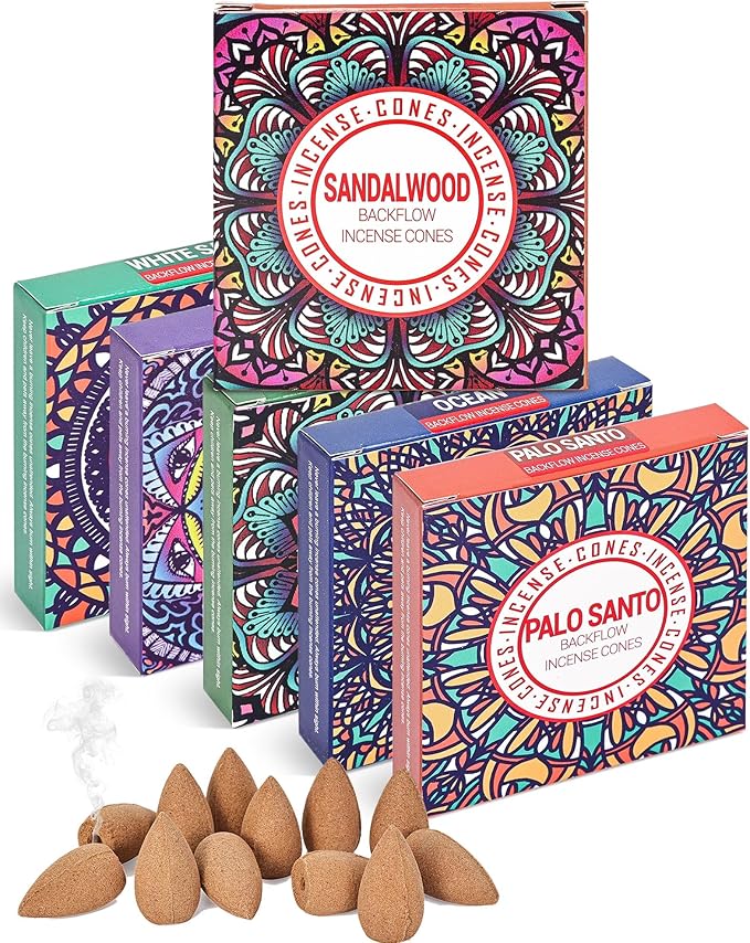 Backflow Incense Cones - 6 Mixed Natural Scents - Sandalwood, Lavender, Jasmine, Ocean, White Sage, Palo Santo, for Purification, Relaxation, Yoga, Meditation Pavocristatus