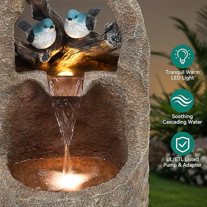 27" Outdoor Water Fountain with LED Lights,2-Tier Bird Natural Zen Garden Fountain, Relaxing Waterfall Floor, Yard, Porch or Deck Decor, Whether-Resistant, Faux Granite Texture - Bloomnest