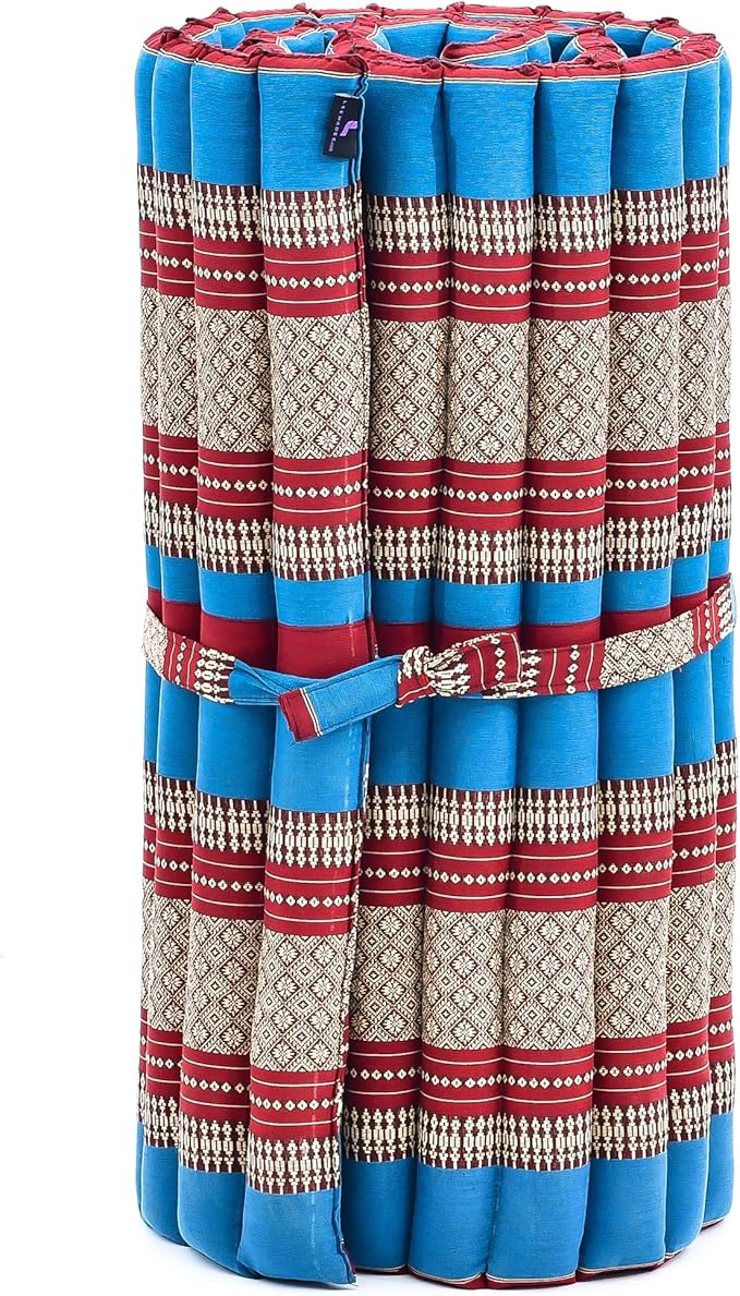 Leewadee - Foldable Floor Mattress - Japanese Roll Up Futon -Trifold Tatami Mat- Guest Floor Bed - Camping Mattress - Thai Massage Mat, Kapok Filled, 75 x 28 inches, Blue Red - Bloomnest