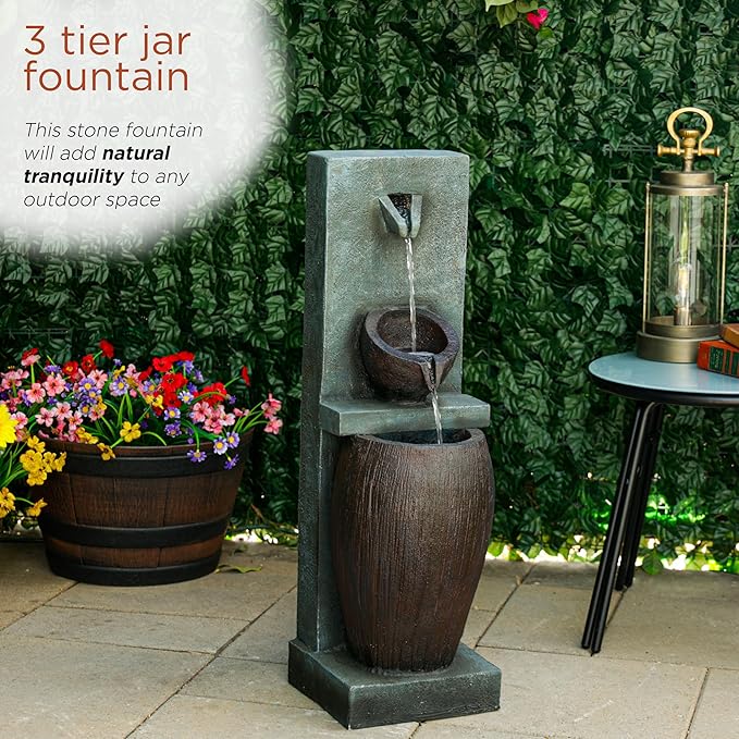Alpine Corporation TZL388 32" 3 Tier Jar Fountain with LED Lights, Elegant Outdoor Water Feature for Garden, Patio, Backyard, Home Décor, Ceramic Water Fountain & Landscape Decorations, Gray - Bloomnest