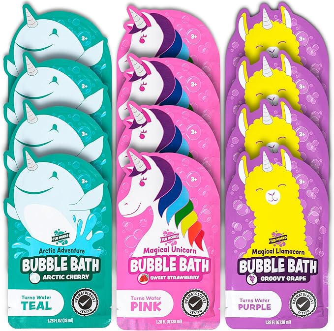 Tub Works® Magical Kids Bubble Bath, Variety 12 Pack | Creates Colorful Water & Tons of Foam Bath Bubbles | Nontoxic | Character-Themed Bubble Bath for Kids | Pink, Purple & Teal Bath Colors - Bloomnest