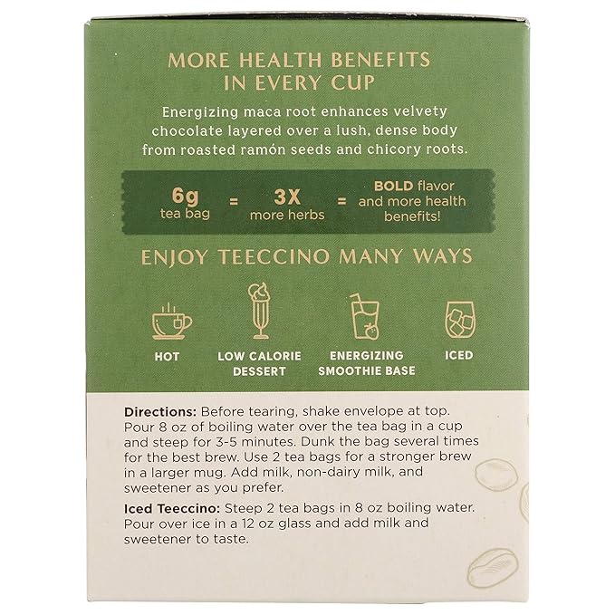 Teeccino Maca Chocolaté Herbal Tea - Rich & Roasted Herbal Tea That’s Caffeine Free & Prebiotic with Natural Energy from Adaptogenic Peruvian Maca, 10 Tea Bags - Bloomnest