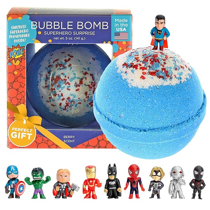 Superhero Bath Bombs for Kids & Boys with Surprise Hero Toys Inside (1 Pack) - Large Bubble Bath Bombs for Boys & Girls - Gift for Children & Stocking Stuffers - Fruity Scent, USA Made by Two Sisters - Bloomnest