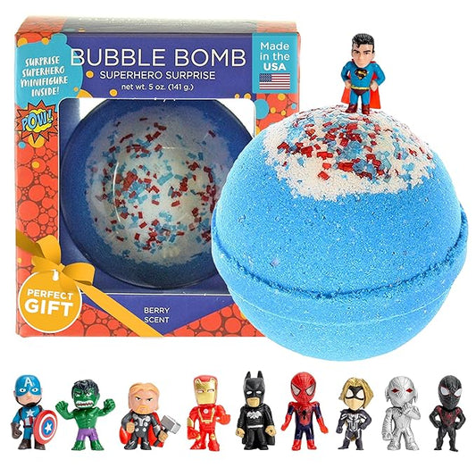 Superhero Bath Bombs for Kids & Boys with Surprise Hero Toys Inside (1 Pack) - Large Bubble Bath Bombs for Boys & Girls - Gift for Children & Stocking Stuffers - Fruity Scent, USA Made by Two Sisters - Bloomnest