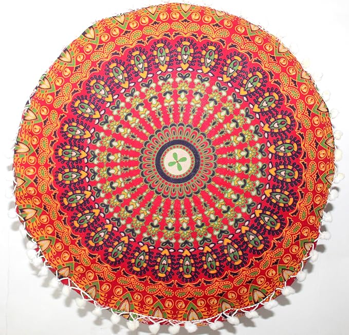INDIAN CRAFT CASTLE ICC Red Peacock Mandala Barmeri Large Floor Pillow Cover Cushion Meditation Seating Ottoman Throw Cover Hippie Decorative Zipped Bohemian Pouf Ottoman Cases 16" Round - Bloomnest