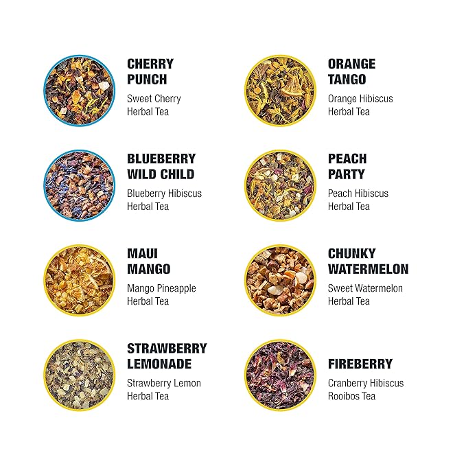 Tiesta Tea - Fruity Tea Sampler Dry Flight Set, Loose Leaf, No Caffeine, Makes Hot and Iced, Assorted Fruit Brews with Mango, Peach, Orange Drinks & More, 8 Resealable Sample Pouches - Bloomnest