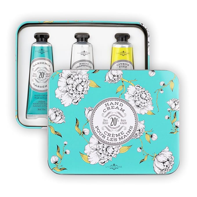La Chatelaine Hand Cream Trio Tin Gift Set, Natural Hand Lotion, Made in France with 20% Organic Shea Butter, Moisturizing (Gardenia, White Grapefruit, Citrus Fizz) 3 x 1 fl. - Bloomnest