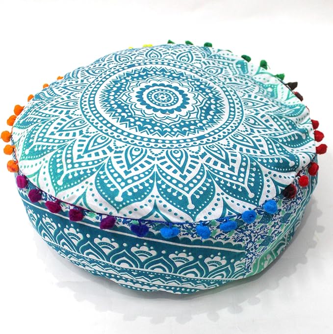INDIAN CRAFT CASTLE ICC Mandala Barmeri Large Floor Pillow Cover Cushion Meditation Seating Ottoman Throw Cover Hippie Decorative Zipped Bohemian Pouf Ottoman Cases Green Ombre 24" Round - Bloomnest