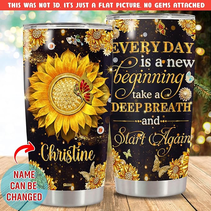 WAZONE Personalized Sunflower Insulated Tumbler 20oz 30oz Every Day Is A New Beginning Motivational Sayings Custom Name Gifts For Women Friends Stainless Steel With Lid Vacuum Travel Cup Mug - Bloomnest