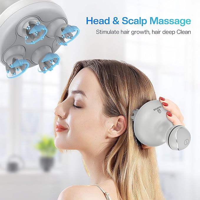 COMFIER Electric Scalp Head Massager with 4 Soft Silicone Massage Heads, Portable Hair Massager for Hair Growth, Relieve Stress, Head Scratcher for Deep Relaxation, Dog Cat Massager, Gray COMFIER