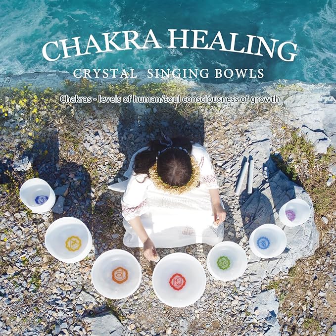 440HZ 6"-12" Set of 7 Paternoster Frosted Quartz Crystal Singing Bowl Set for Chakra Healing with 2 pcs Carrying Case - Bloomnest