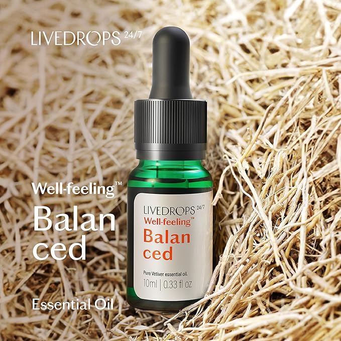 LIVEDROPS 24/7 Balanced Vetiver Essential Oil, Natural Vegan Aromatherapy for Diffuser or Diluted Skin Use, Earthy Woody Scent, Origin Haiti, Made in USA, Clinically Tested, 10ml - Bloomnest