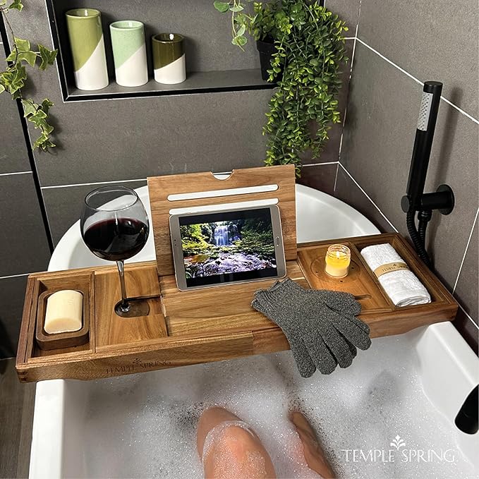 Temple Spring Wooden Bathtub Tray, Acacia Bathroom Accessories, Bath Tray for Tub, at Home Spa Essentials, Board for Tub Table, Bath Caddy for Bathtub Accessories & Bathroom Essentials - Not Teak - Bloomnest