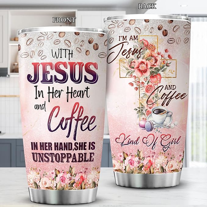 With Jesus In Her Heart And Coffee In Her Hand Insulated Stainless Steel Tumbler Flower Floral Christian Coffee Cup 20oz God Jesus Gifts For Women Religious Mug With Lid - Bloomnest