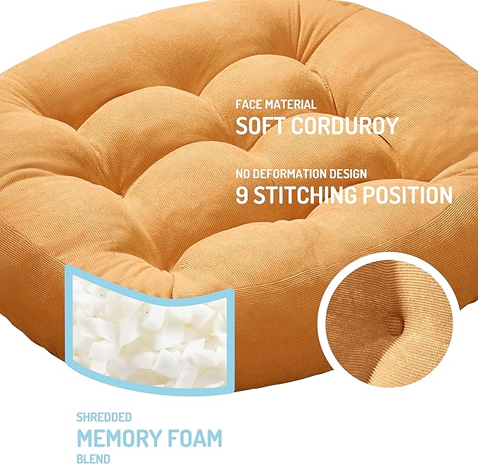 Floor Cushion Pillow Set of 2, Round Large Pillows Seating for Adults, Tufted Corduroy Cushions for Living Room Tatami, Orange Yellow, 22 Inch - Bloomnest