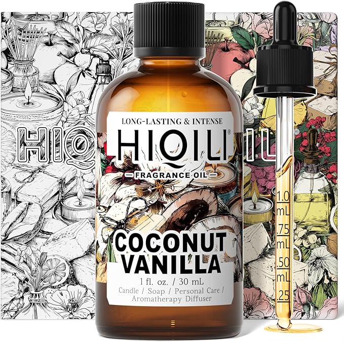 HIQILI Coconut Vanilla Fragrance Oil - for Candle Making, Soap Making, Essential Oil for Diffuser, Humidifier, Home& Hotel & Car Use - 1 Fl Oz HIQILI