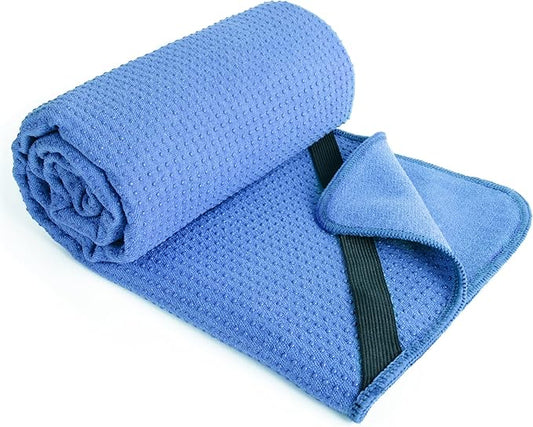 POLYTE Microfiber Hot Yoga Towel Mat with Non-Slip Silicone Grip and Secure Fit Elastic Straps, 24 x 72 in (Blue) - Bloomnest