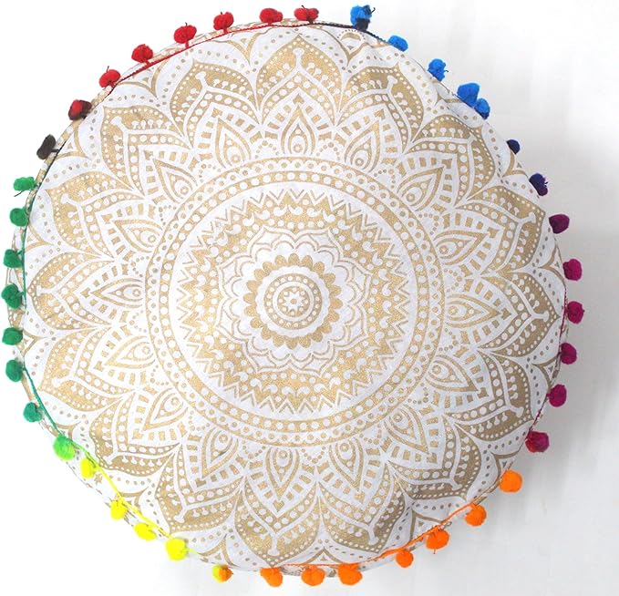 ICC Floor Pillows & Cushion covers Decorative Hippie Mandala Pouf Pillow covers Seating Meditation Cushion Cover Large Boho Ottoman Case Pillowcase Couch White Gold Ombre 16" Round - Bloomnest
