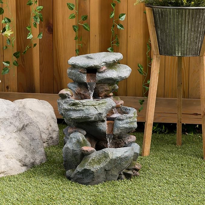 Alpine Corporation | 22"H Outdoor 3-Tier Rock Waterfall Fountain with LED Lights — Natural Stone Look for Garden, Patio, Yard & Porch Décor (Gray) - Bloomnest