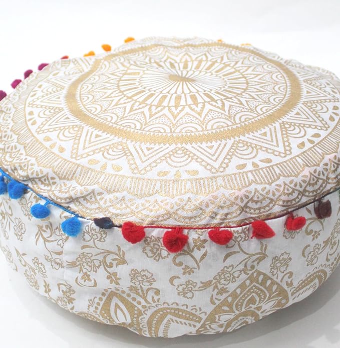 ICC Floor Pillows & Cushion covers Decorative Hippie Mandala Pouf Pillow covers Seating Meditation Cushion Cover Large Boho Ottoman Case Pillowcase Couch White Gold Matellic 16" Round - Bloomnest