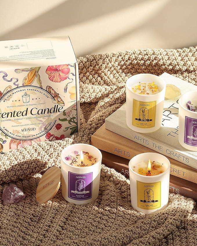AOOVOO Lavender Candles Set for Women - 4 Pack Candles for Home Scented, 28 oz 200 Hour Long Lasting Aromatherapy Candle with Crystals Inside, Birthday Gifts Christmas Candle for Women Mom - Bloomnest
