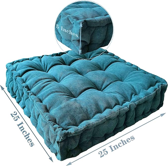 Verpert Floor Pillow 25x25 Inch, Square Meditation Cushion Floor Seating for Adults, Oversized Tufted seat Cushion Reading Nook for Kids, Yoga Meditation Pillow for Sitting on Floor (Turquoise)