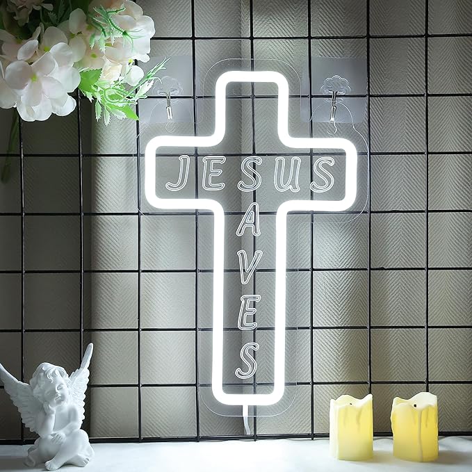 Jesus Cross Neon Sign for Wall Decor, Attivolife Light up Special Religional LED Lamp with Dim USB Powered, Unique Home Living Room Business Cafe Shop Bar Party Decor Birthday Christmas Day Gift - Bloomnest