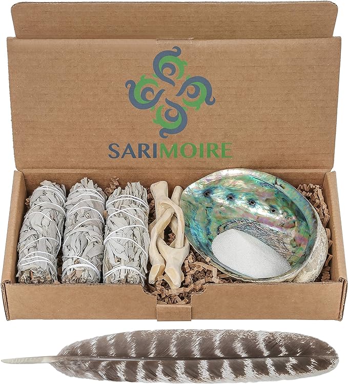 Sage Smudge Kit - White Sage Smudge Sticks - 4in ~ Abalone Shell 5-6in ~ 2in Tripod Stand ~ 9-12in Feather and White Sand - Bloomnest
