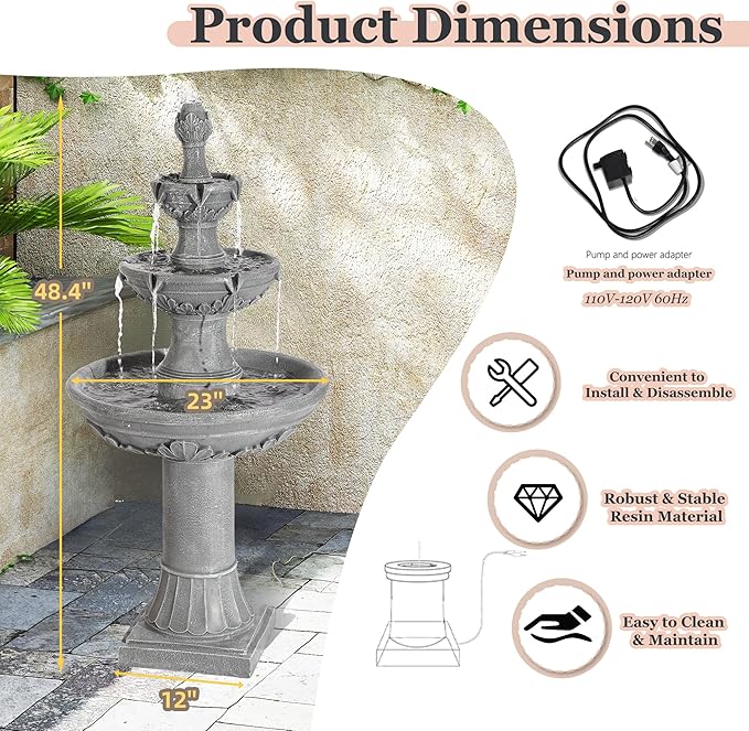 MAGIC UNION Outdoor Garden Water Fountains, 48.4''H Italian Style Fountain and Waterfall Outside, 3-Tier Large Bubbler Cascading Indoor Floor Fountain Features with Pump for Home Yard Decor (Gray) - Bloomnest