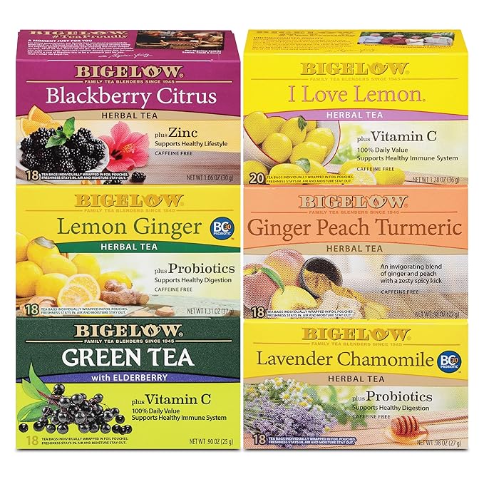 Bigelow Tea Immunity Herbal Tea Variety Pack, Caffeinated Green Tea and Caffeine Free Tea Bags for Immune Support (Pack of 6), 110 Total Tea Bags - Bloomnest