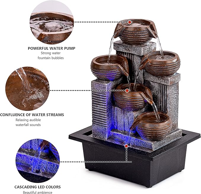 Indoor Fountains and Waterfalls from 5-Tiered Pots-12”H Tabletop Water Fountain-Desk Fountain-Office Decor with Audible Calming Waterfall Sounds-Zen Fountain with Color Lights - Bloomnest