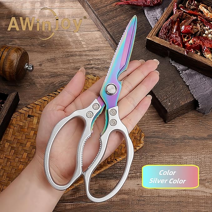 AWinjoy Heavy Duty Sharp Kitchen Scissors, Dishwasher Safe, Cooking Shears for Meat, Chicken, Fish, Poultry, Herb, Bread (Silver Color) - Bloomnest