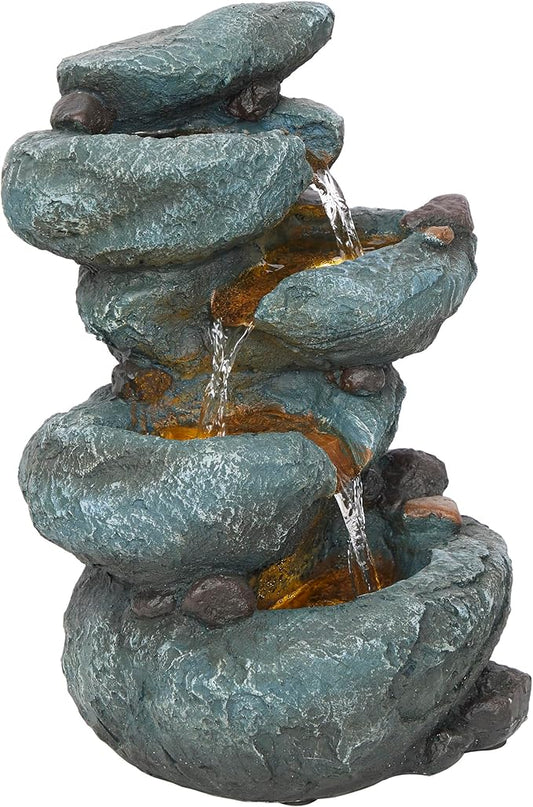 Alpine Corporation TZL418 14" 3 Tier Rock Fountain with LED Lights, Elegant Cascading Water Feature for Tabletop, Indoor Decor, Relaxing Stone Waterfall for Home & Office, Gray - Bloomnest
