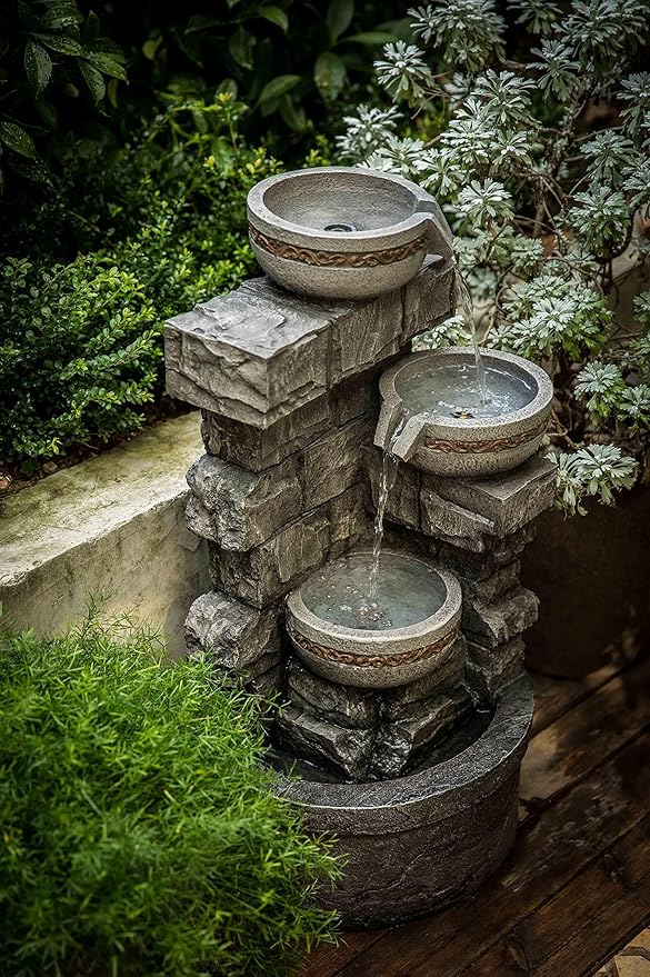 Water Fountian Outdoor - 3 Tiered Bowls Floor Stacked Stone Pump Waterfall Fountain,Provide Flowing Water Feature for Outside Garden,Backyard,Lawn,27 Inch Tall - Bloomnest
