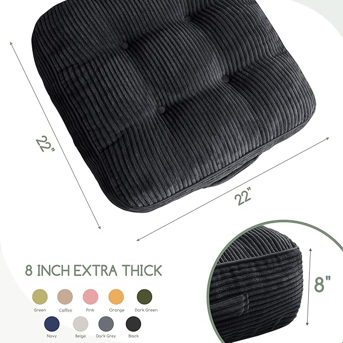 8" Washable Floor Pillow Cushion for Adults, Meditation Cushion Pillow, Large Square Floor Sitting, Removable Tufted Corduroy Cover, for Tatami Living Room or Yoga, 22x22 Inch, 2Pack, Machine Washable - Bloomnest