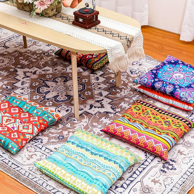 Menkxi 6 Pcs Bohemian Floor Pillows Seating 15 Inch Boho Floor Cushions Sitting Pillows Square Yoga Mandala Meditation Pouf for Living Room Balcony Office Tatami(Stylish) - Bloomnest