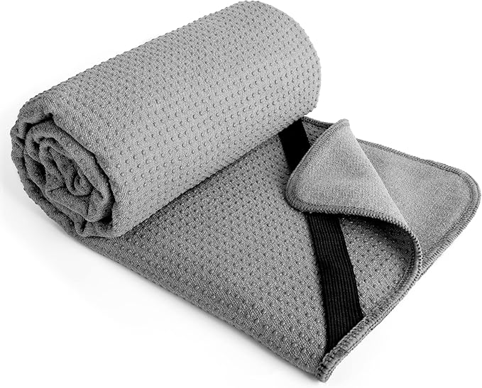 POLYTE Microfiber Hot Yoga Towel Mat with Non-Slip Silicone Grip and Secure Fit Elastic Straps, 24 x 72 in (Gray) - Bloomnest