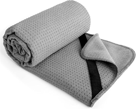 POLYTE Microfiber Hot Yoga Towel Mat with Non-Slip Silicone Grip and Secure Fit Elastic Straps, 24 x 72 in (Gray) - Bloomnest