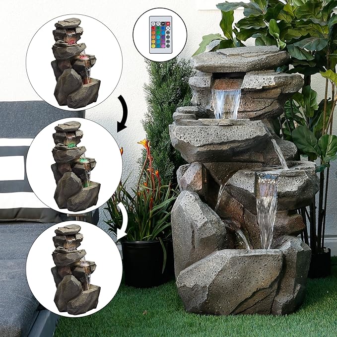Alpine Corporation WIN1184 40" 3-Tier Outdoor Rock Waterfall Floor Fountain with Color-Changing LED Lights, Cascading Water Feature for Gardens, Patios, and Yards, Gray - Bloomnest