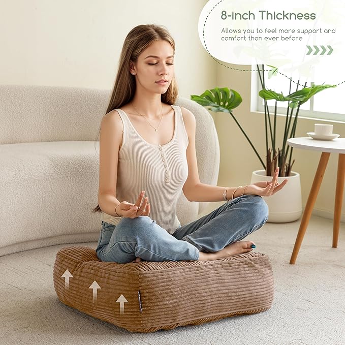 8" Washable Floor Pillow Cushion for Adults, Meditation Cushion Pillow, Large Square Floor Sitting, Removable Tufted Corduroy Cover, for Tatami Living Room or Yoga, 22x22 Inch, 2Pack, Machine Washable - Bloomnest