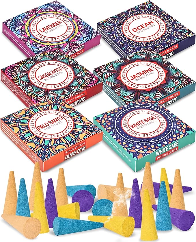 Incense Cones Set - Lavender, Jasmine, Sandalwood, Palo Santo, Rose, White Sage for Meditation & Yoga Pavocristatus