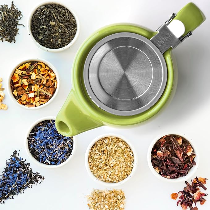 ORNA Ceramic Teapot with Tea Infuser – Small Tea Pot for Loose Leaf Tea – 550ml / 18.6 Oz Porcelain Non-Stove Teapot for 2 Cups with Tea Strainer (Lime) - Bloomnest