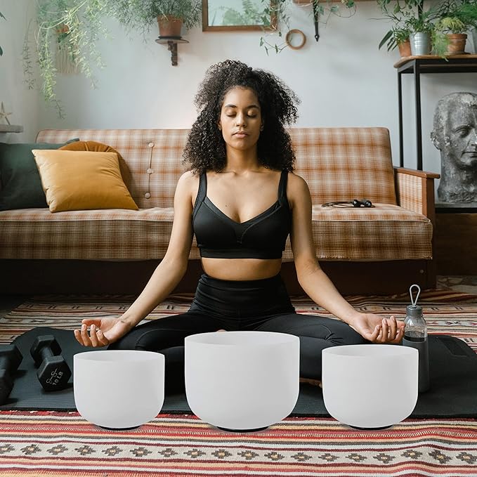 FMTY Perfect pitch(±10hz) Singing Bowl set of 3 7A+9F+11D Crystal Singing Bowl with Carrying Bag, Crystal Mallet, O-Ring Pure Quartz Crystal Sound Bowl (Set of 3, White) - Bloomnest