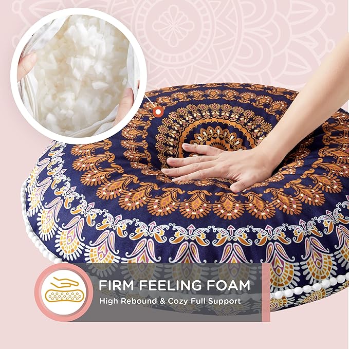 Codi Meditation Floor Pillows, Round Large Pillow Seating for Adults, Bohemian Mandala Circle Floor Cushion for Outdoor Fireplace Yoga Living Room, 32 Inch, Yellow Memory Foam Added - Bloomnest