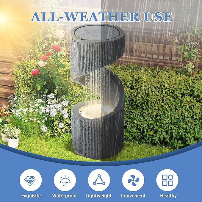 31.9" Outdoor Garden Water Fountain, S-Shaped Cascading Fountains and Waterfalls with LED Lights & Splash-Proof Net, Indoor/Outdoor Floor Standing Water Feature for Patio, Backyard, Home Decor - Bloomnest