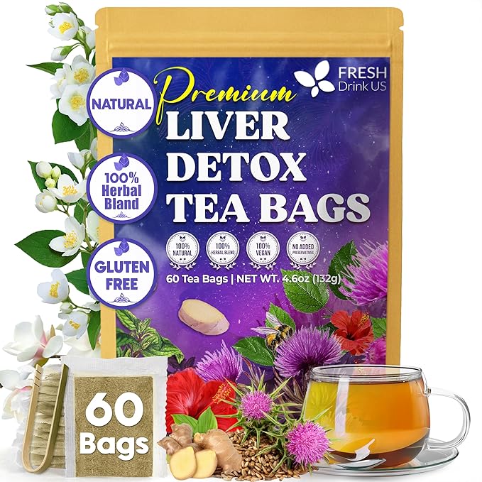 FreshDrinkUS, Premium Liver Detox Tea Bags | 60 Count | Eco-Conscious Corn Fiber Tea Bags | Ayurvedic Stomach Relief & Liver Support | Vegan, Caffeine Free, Kosher - Bloomnest