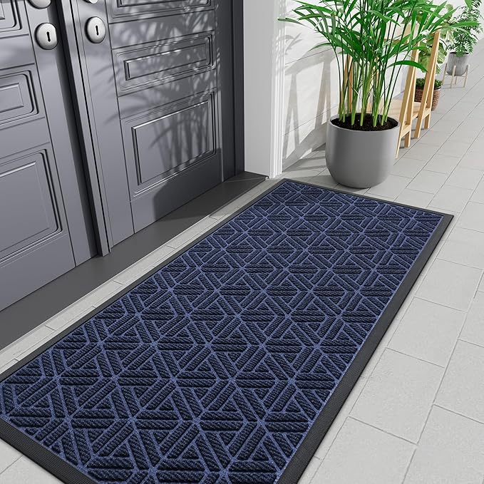 Smiry Front Door Mat Outside Entrance, Heavy Duty Sturdy Natural Rubber Doormat, Trap Dirt and Moisture, Easy Clean Low Profile Mats for Indoor Outdoor Entry, Grid Geometric (71x24, Navy Blue) - Bloomnest