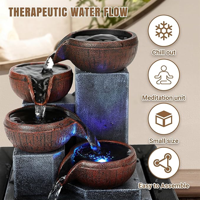 Tabletop Water Fountain-Water Fall Fountains-Indoor Desktop Fountain with Audible Calming Waterfall Sounds for Feng Shui Effect-Cascading LED Color Lighting - Bloomnest