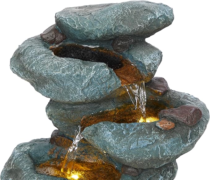 Alpine Corporation TZL418 14" 3 Tier Rock Fountain with LED Lights, Elegant Cascading Water Feature for Tabletop, Indoor Decor, Relaxing Stone Waterfall for Home & Office, Gray - Bloomnest